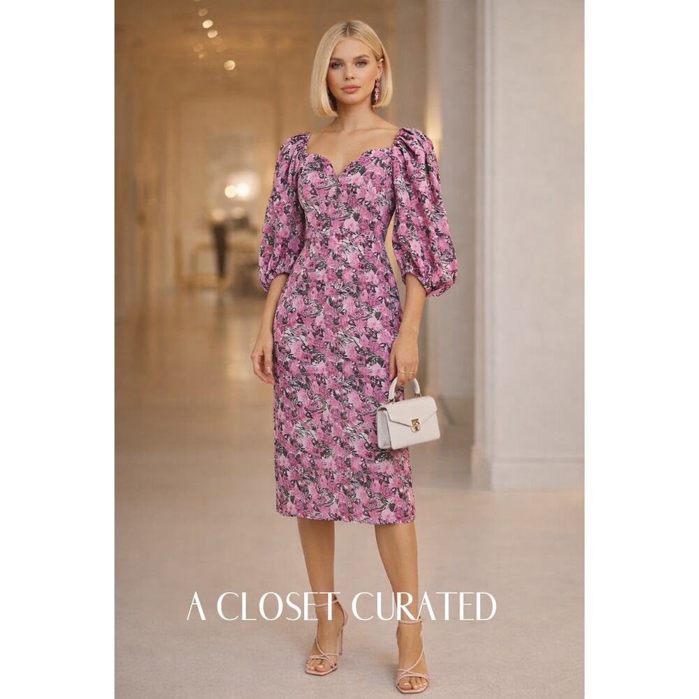 Rotate Birger Christensen Irina Floral Puff Sleeve Midi Dress NEW 8 Purple Pink